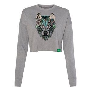 Wild Tribute Boho Wolf Gray Crop Crew Sweatshirt Size XL